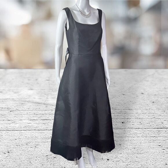 Kay Unger Black Sleeveless Fringe Bottom MIDI Dress - Picture 1 of 8